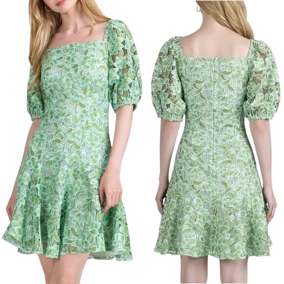 Shoshanna - Women’s ‘Layne’ Lace Puff-Sleeve Minidress - Light Green Size 0